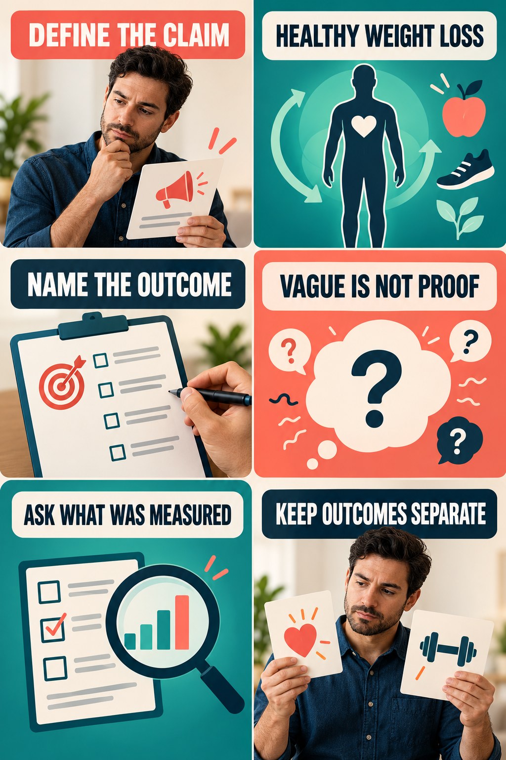 Vague Performance Claims Need Definitions evidence-literacy infographic for Healthy Weight Loss with four concise claim-evaluation checks.