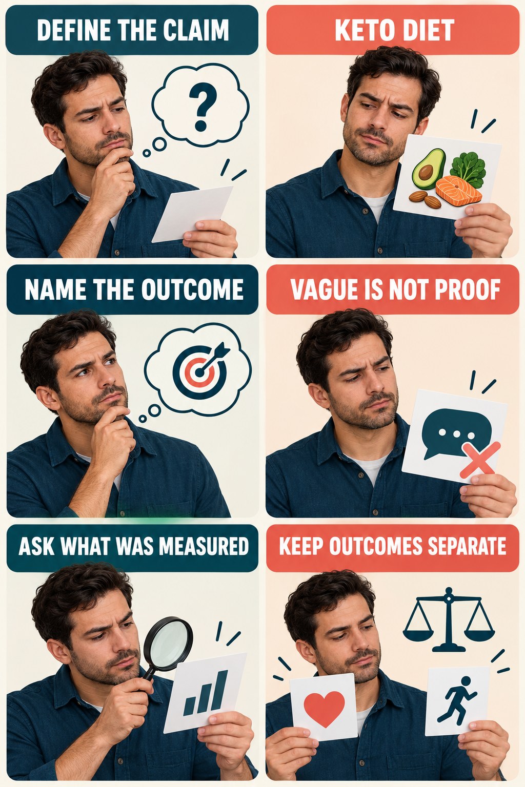 Vague Performance Claims Need Definitions evidence-literacy infographic for Keto Diet with four concise claim-evaluation checks.