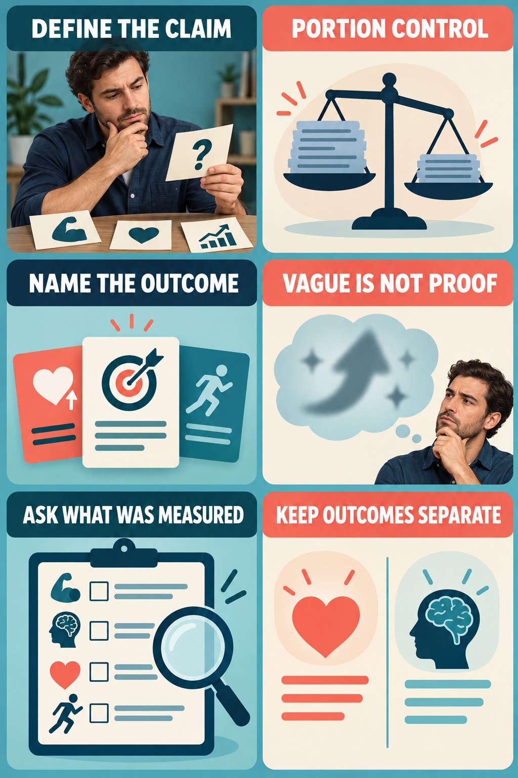 Vague Performance Claims Need Definitions evidence-literacy infographic for Portion Control with four concise claim-evaluation checks.