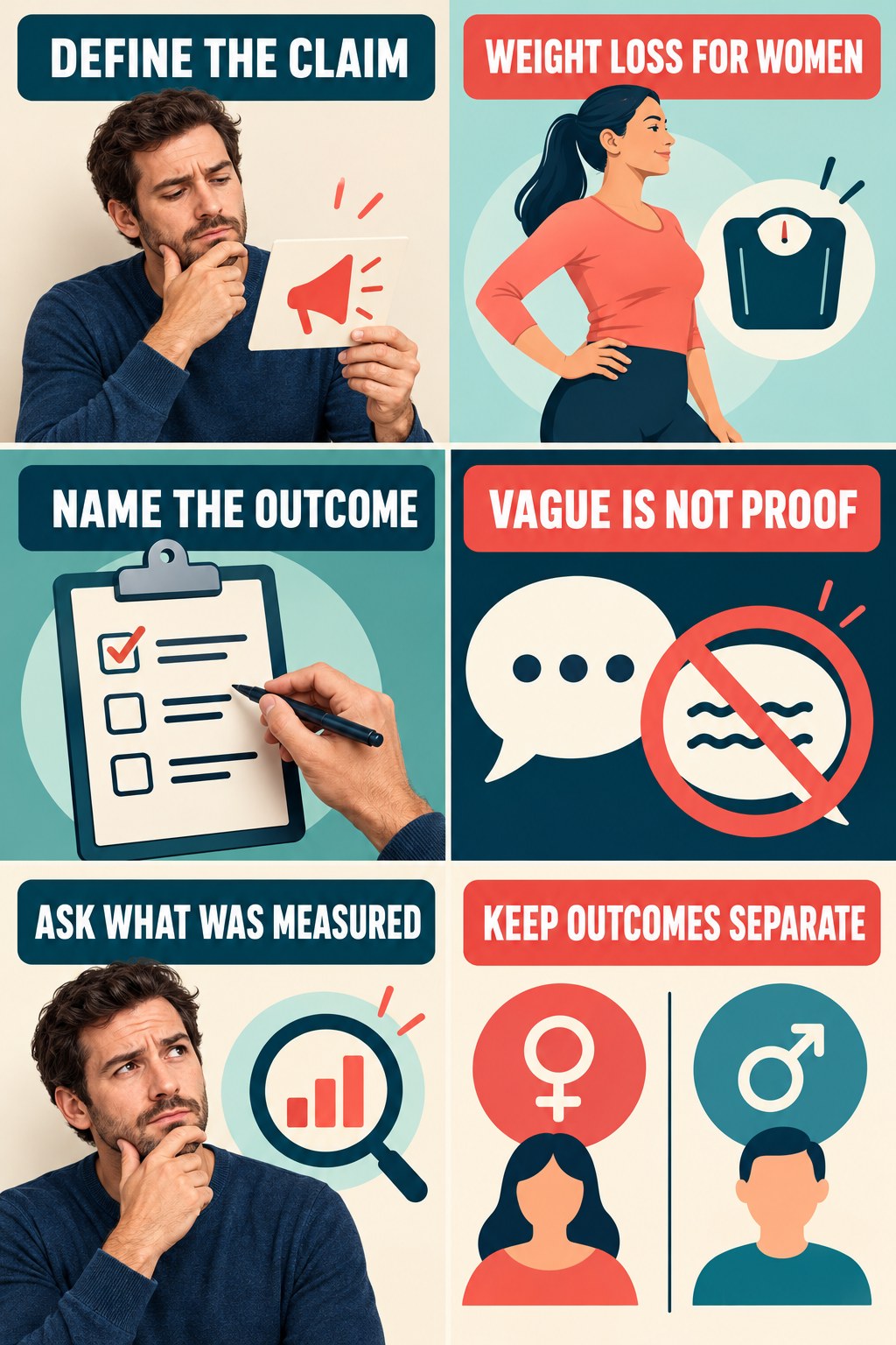 Vague Performance Claims Need Definitions evidence-literacy infographic for Weight Loss for Women with four concise claim-evaluation checks.