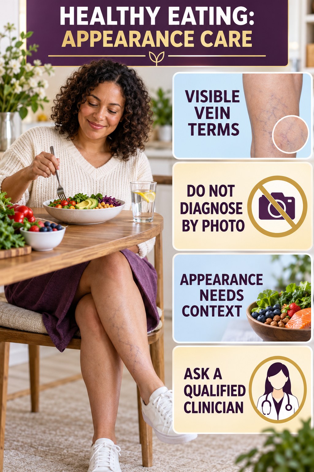 Varicose vs Spider Veins infographic for Healthy Eating, showing body-neutral visible-leg-vein appearance care and the boundary between temporary cosmetic support and treatment.