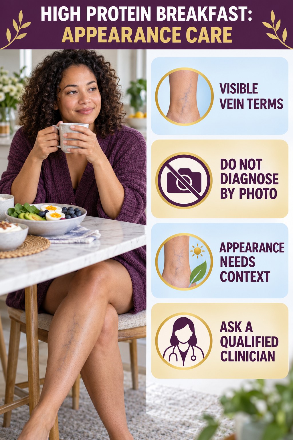 Varicose vs Spider Veins infographic for High Protein Breakfast, showing body-neutral visible-leg-vein appearance care and the boundary between temporary cosmetic support and treatment.