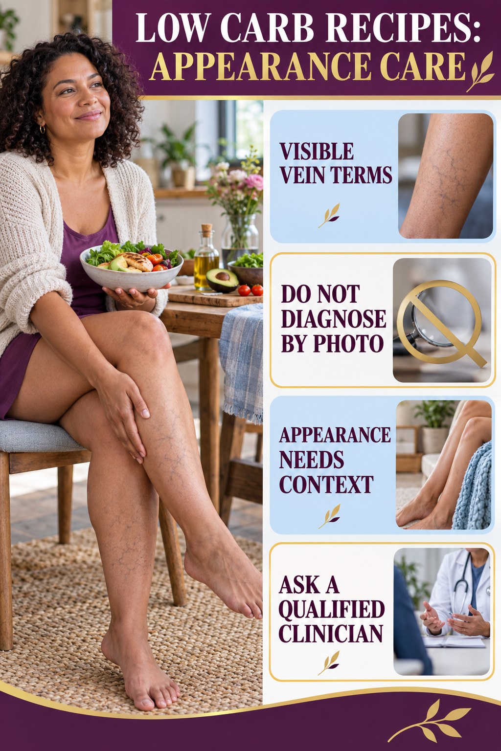 Varicose vs Spider Veins infographic for Low Carb Recipes, showing body-neutral visible-leg-vein appearance care and the boundary between temporary cosmetic support and treatment.