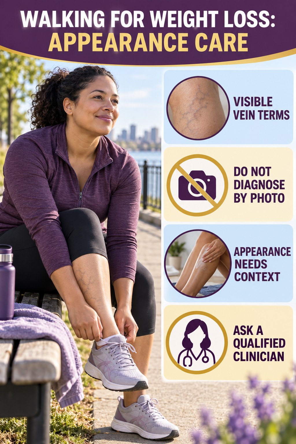 Varicose vs Spider Veins infographic for Walking for Weight Loss, showing body-neutral visible-leg-vein appearance care and the boundary between temporary cosmetic support and treatment.