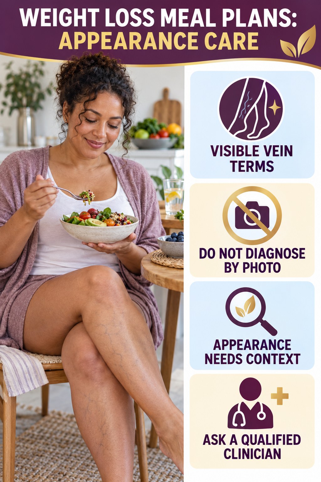 Varicose vs Spider Veins infographic for Weight Loss Meal Plans, showing body-neutral visible-leg-vein appearance care and the boundary between temporary cosmetic support and treatment.