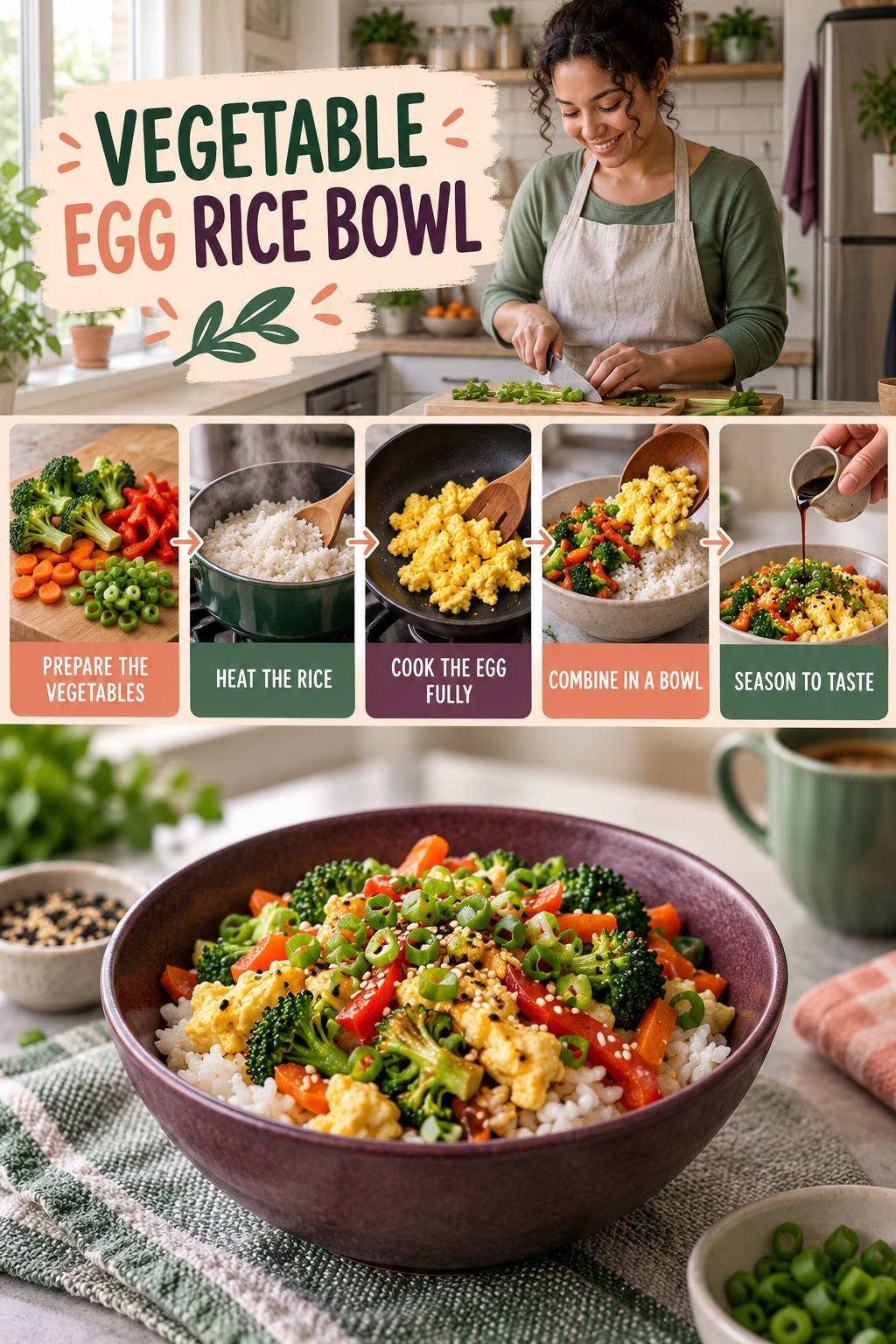 Vegetable Egg Rice Bowl for Healthy Breakfast Recipes with five readable preparation cues and a realistic finished dish.