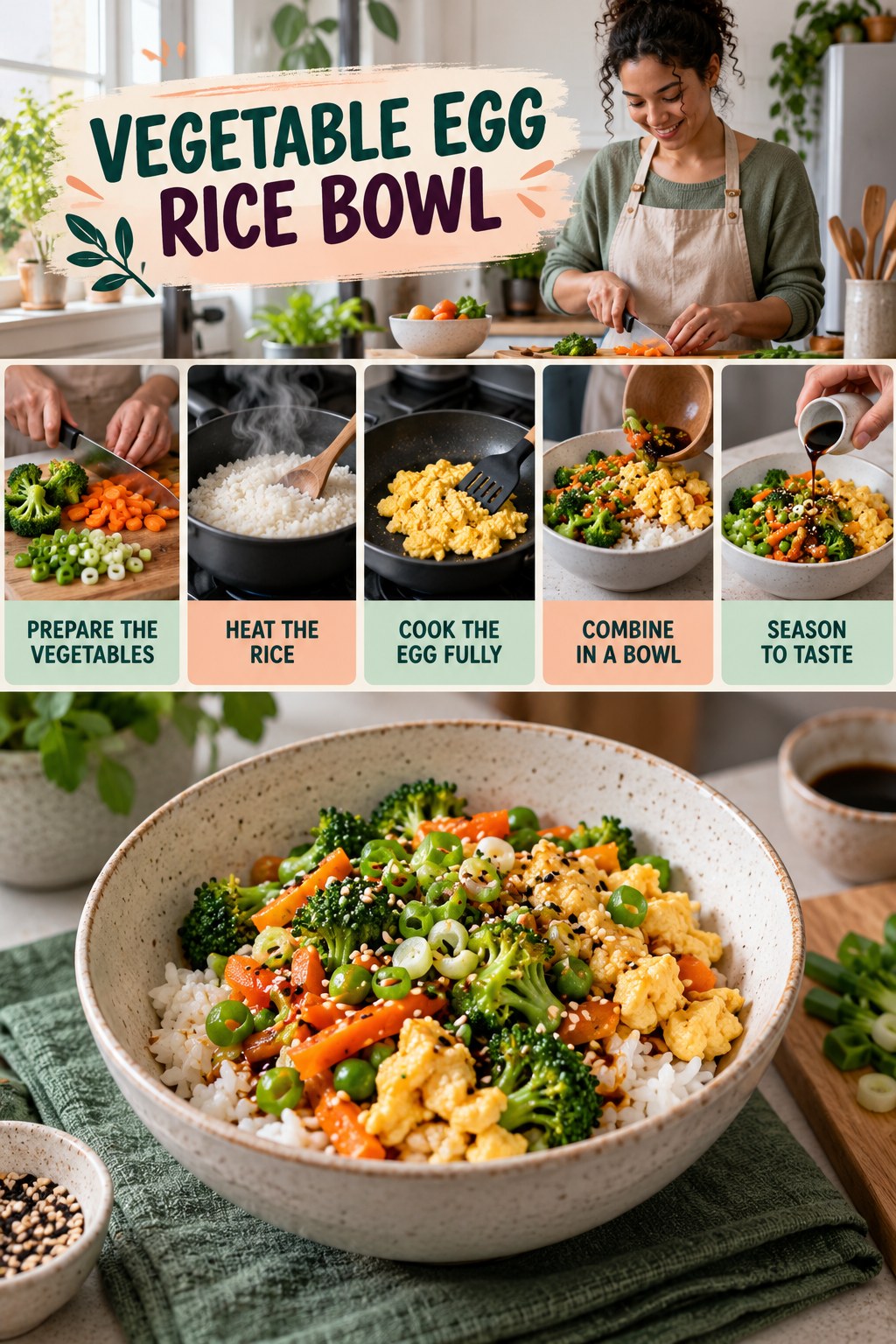 Vegetable Egg Rice Bowl for Healthy Chicken Recipes with five readable preparation cues and a realistic finished dish.