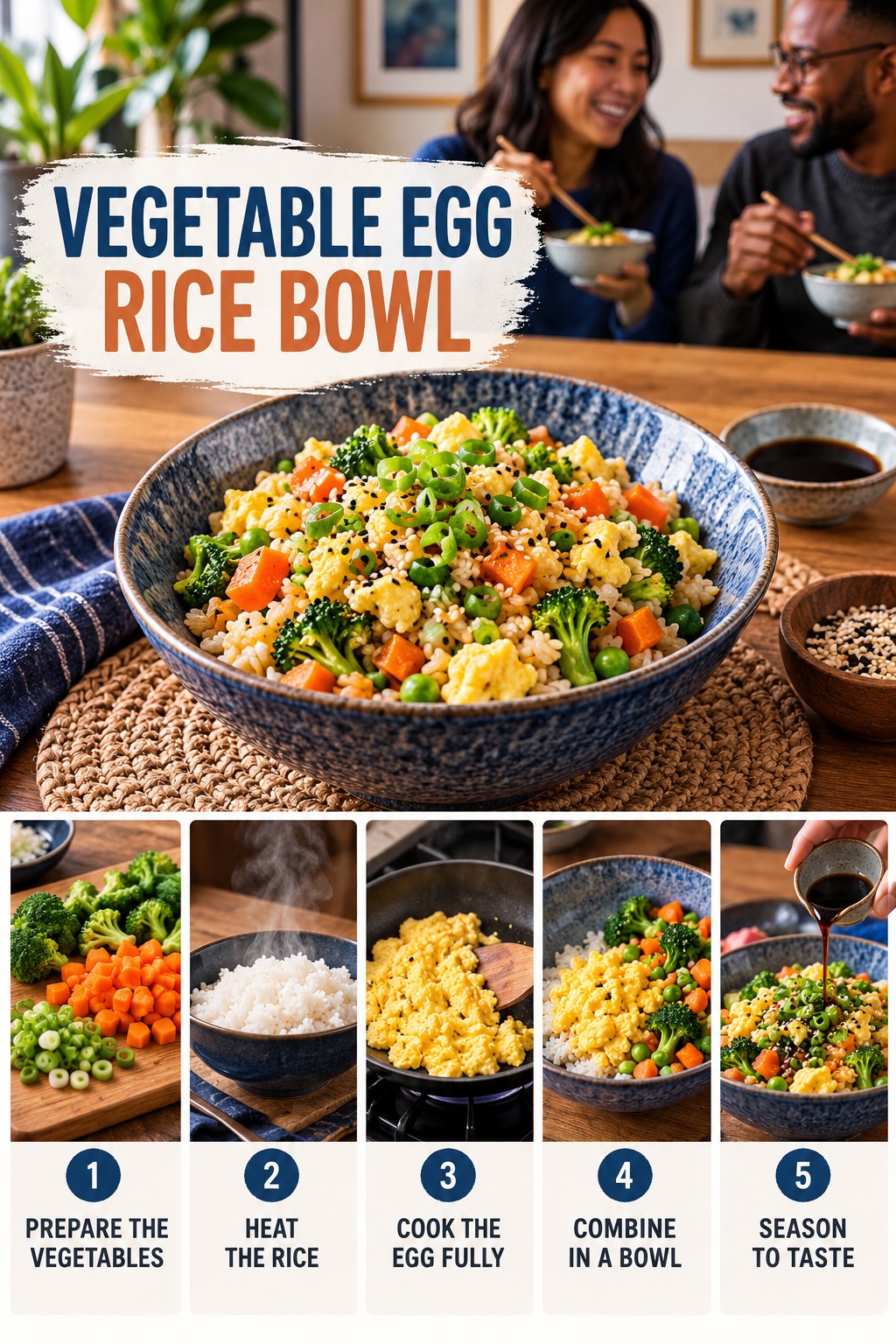 Vegetable Egg Rice Bowl for Healthy Smoothies with five readable preparation cues and a realistic finished dish.