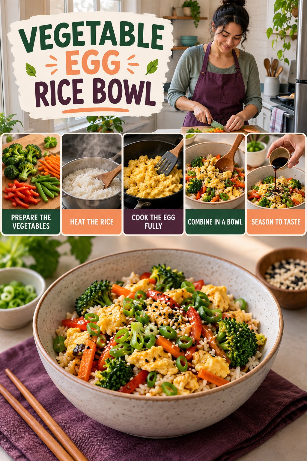 Vegetable Egg Rice Bowl for Healthy Snacks with five readable preparation cues and a realistic finished dish.