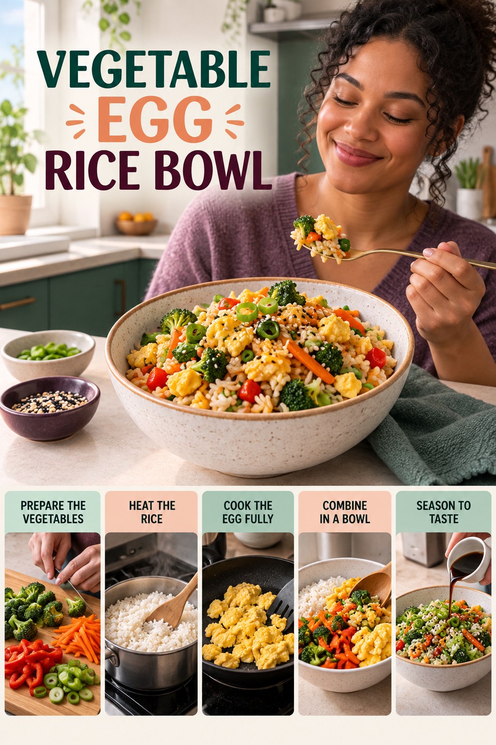 Vegetable Egg Rice Bowl for High Protein Lunch with five readable preparation cues and a realistic finished dish.