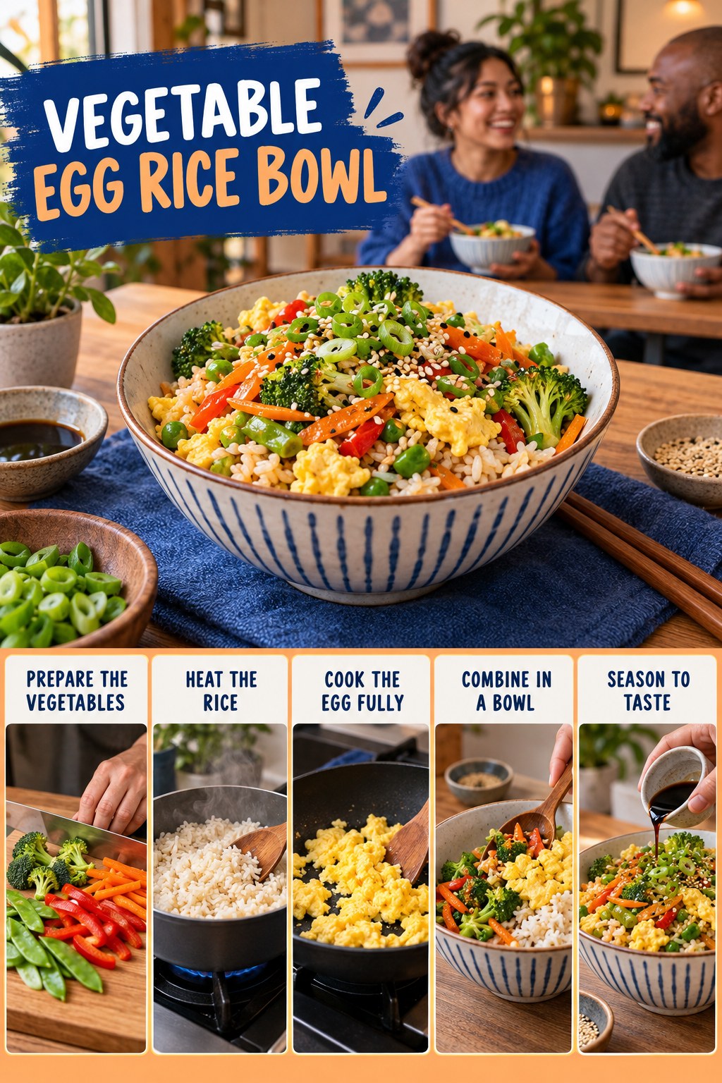 Vegetable Egg Rice Bowl for Intermittent Fasting with five readable preparation cues and a realistic finished dish.