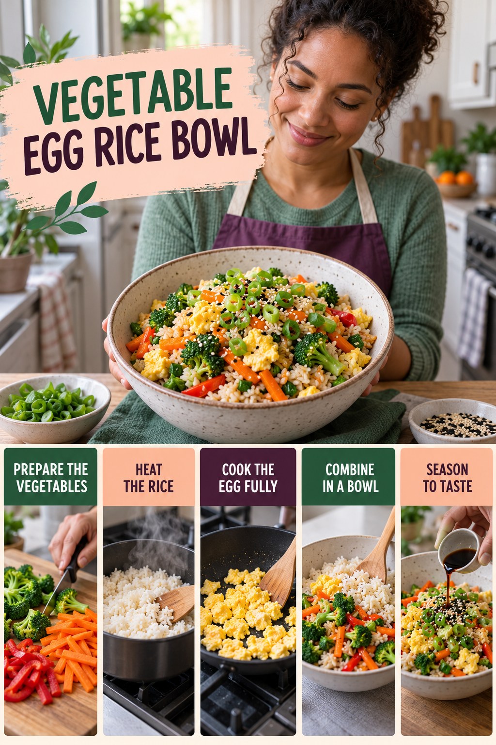 Vegetable Egg Rice Bowl for Low Carb Meals with five readable preparation cues and a realistic finished dish.