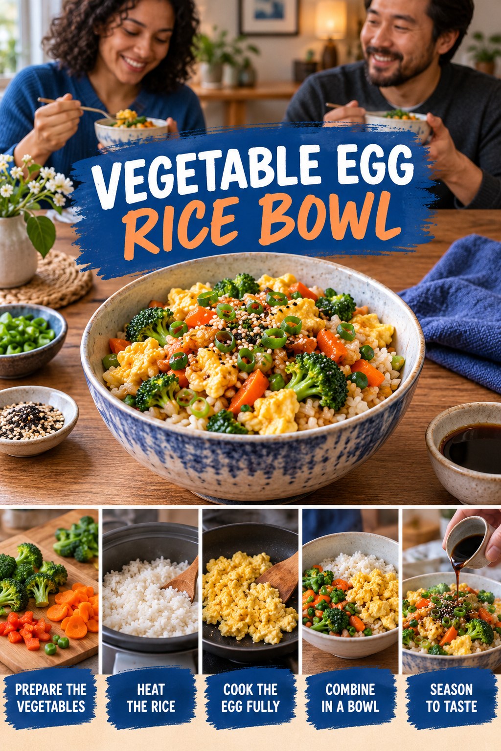 Vegetable Egg Rice Bowl for Protein Smoothies with five readable preparation cues and a realistic finished dish.