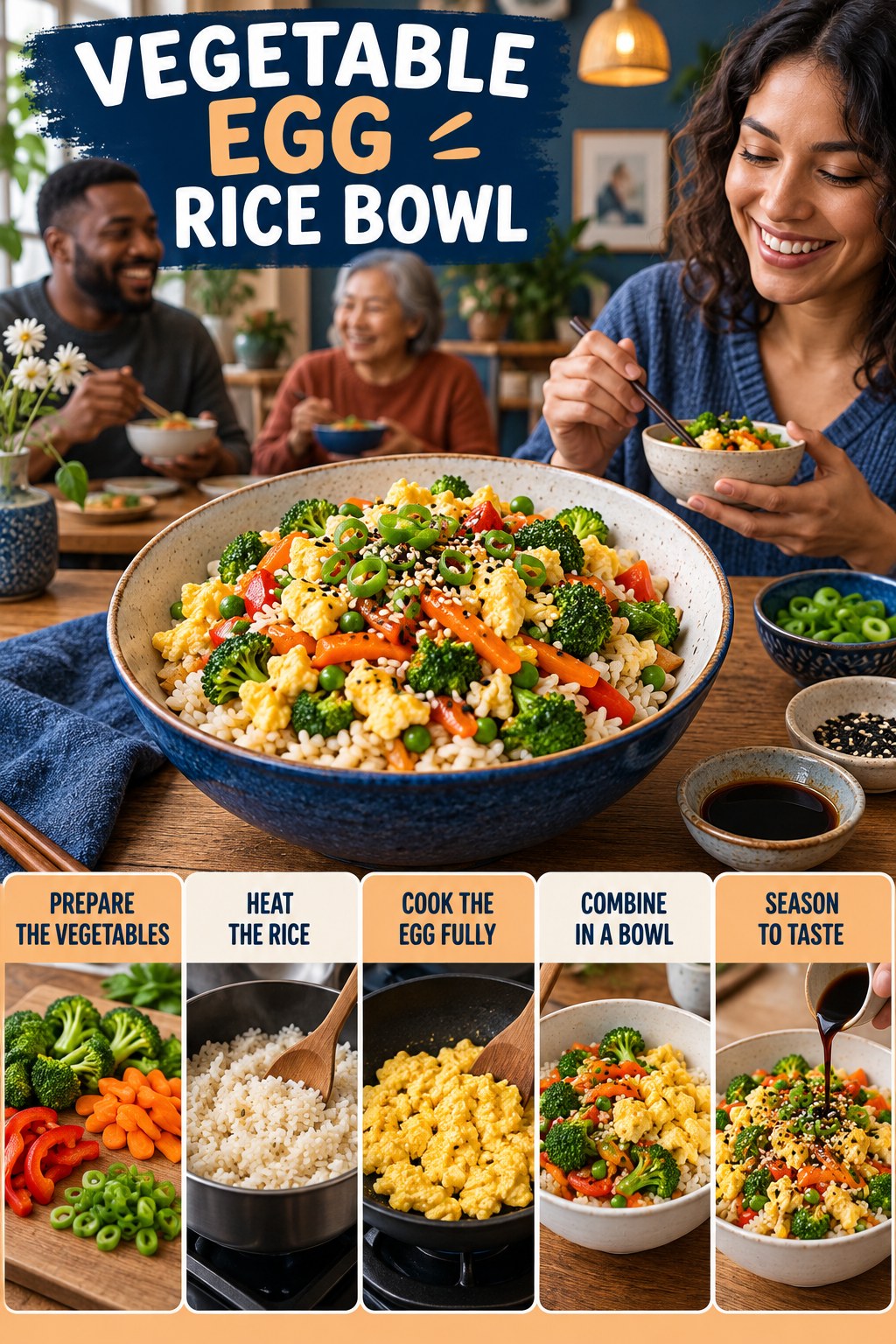 Vegetable Egg Rice Bowl for Weight Loss Foods with five readable preparation cues and a realistic finished dish.
