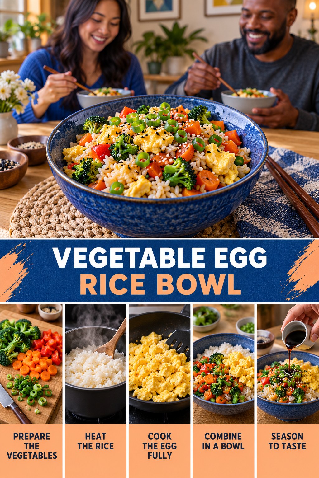 Vegetable Egg Rice Bowl for Weight Loss Meal Prep with five readable preparation cues and a realistic finished dish.