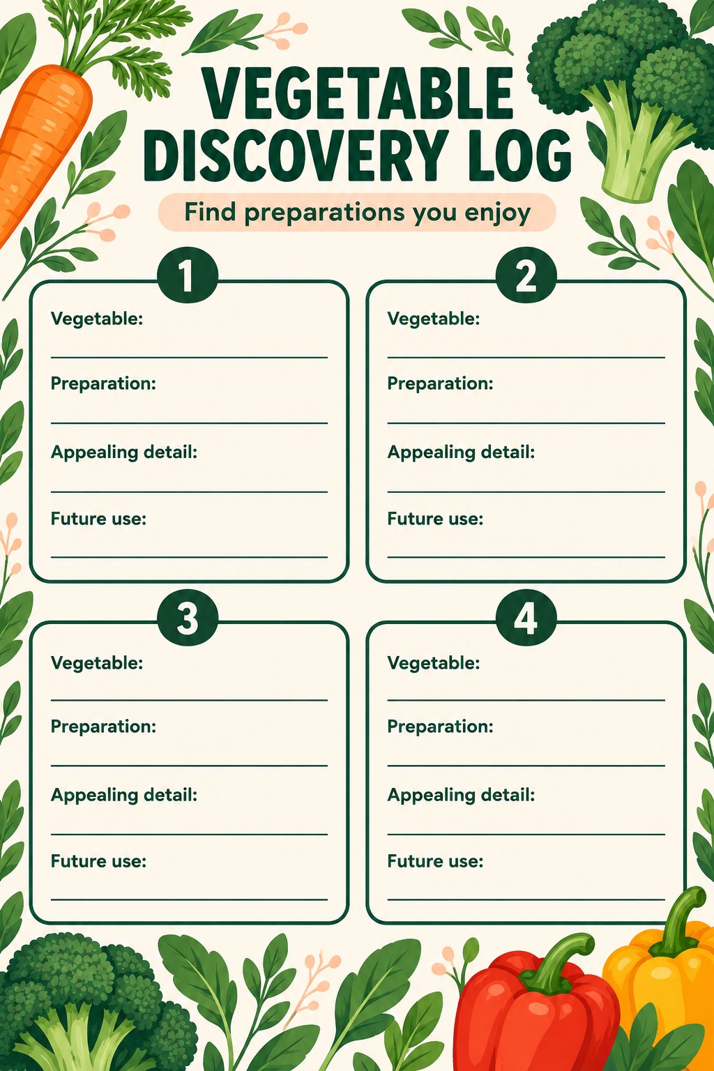 Four blank vegetable discovery cards labeled vegetable, preparation, appealing detail, and future use.