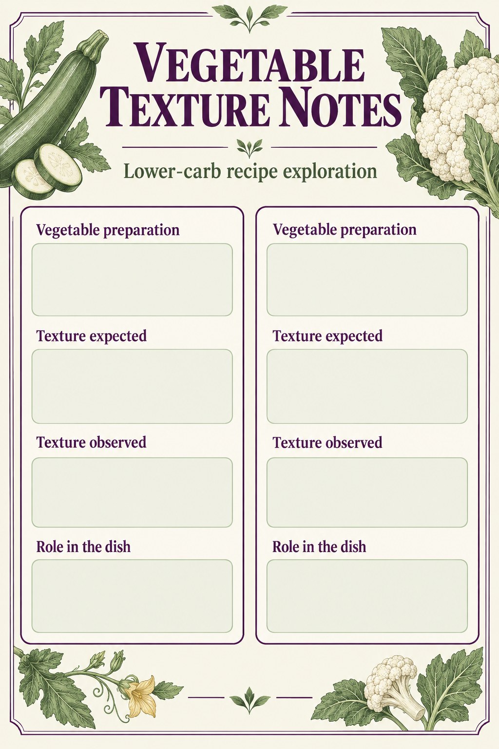 Blank vegetable preparation texture record with expected texture, observed texture, and dish role fields.