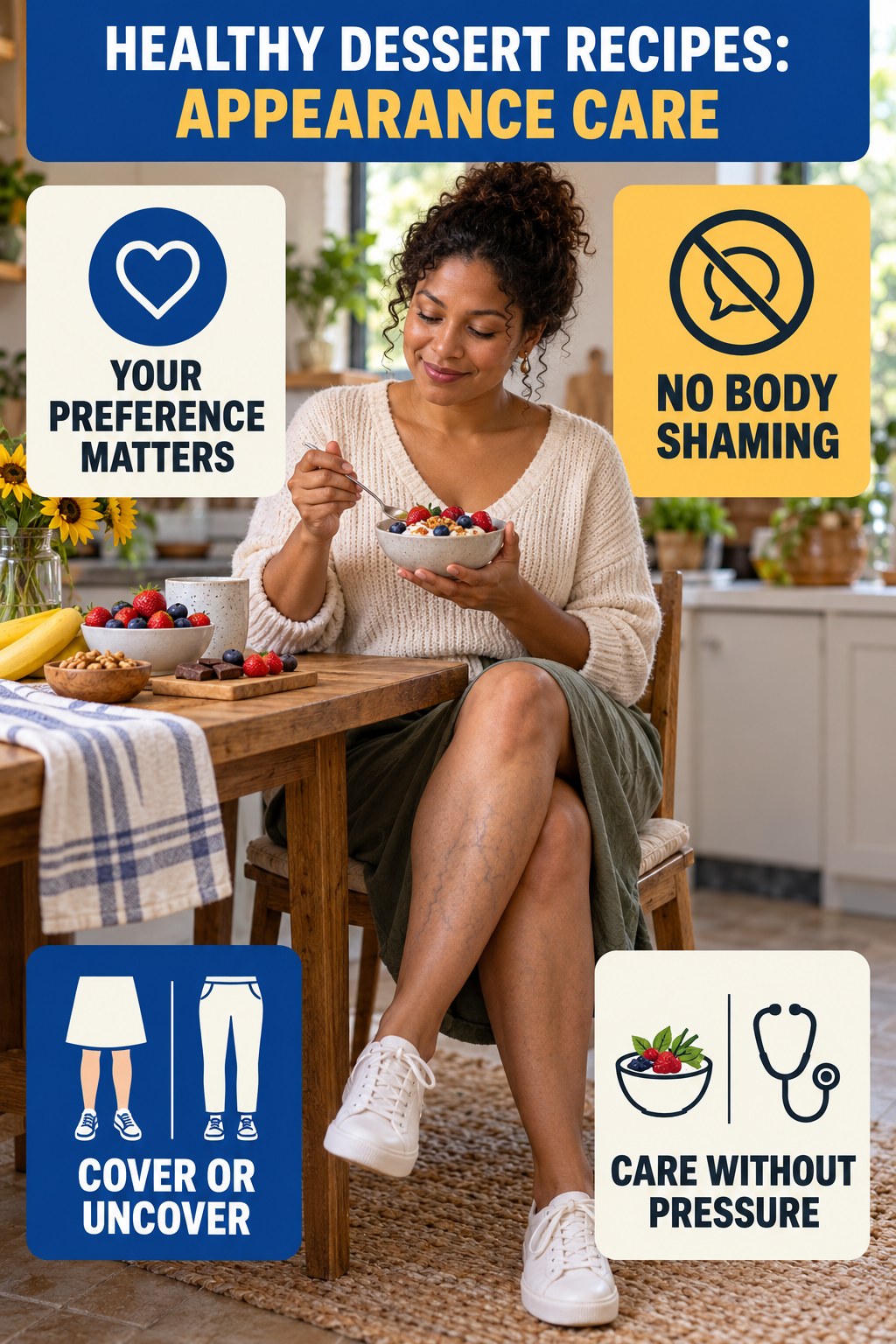 Visible Vein Confidence infographic for Healthy Dessert Recipes, showing body-neutral visible-leg-vein appearance care and the boundary between temporary cosmetic support and treatment.