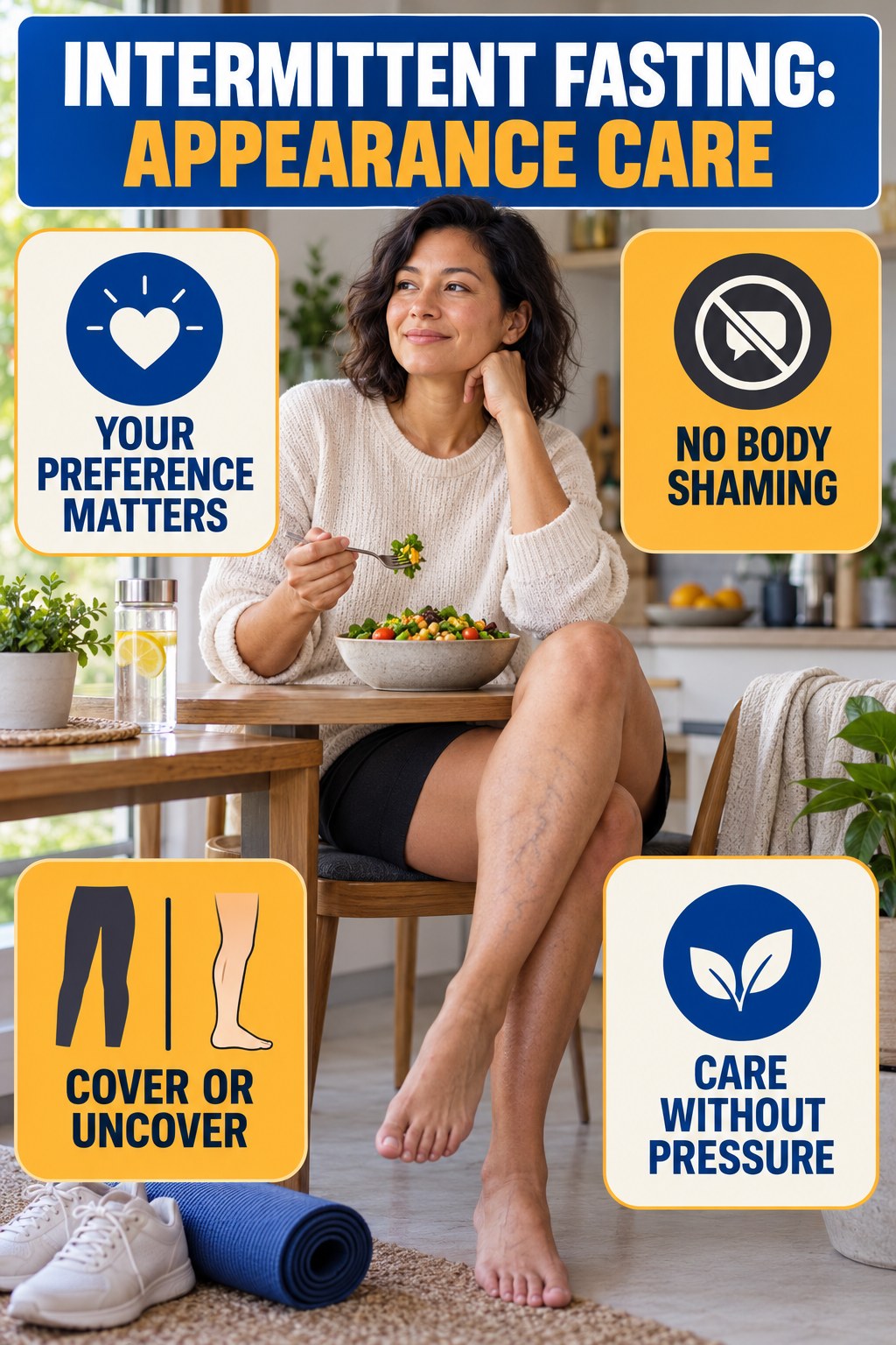 Visible Vein Confidence infographic for Intermittent Fasting, showing body-neutral visible-leg-vein appearance care and the boundary between temporary cosmetic support and treatment.