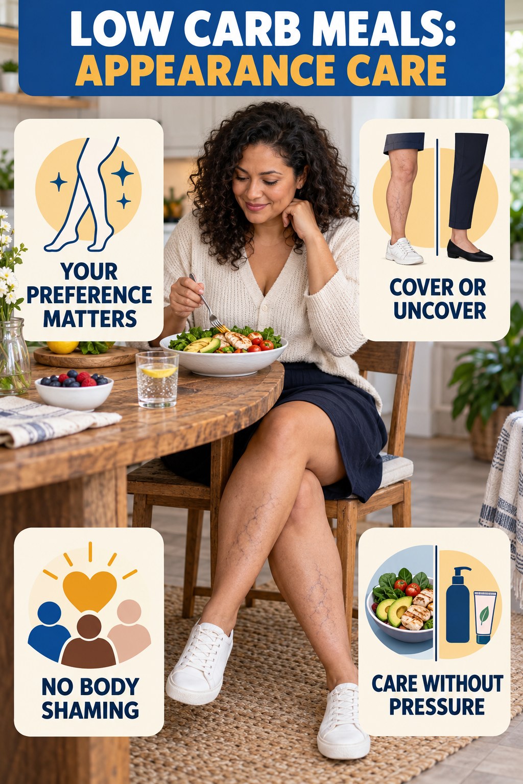 Visible Vein Confidence infographic for Low Carb Meals, showing body-neutral visible-leg-vein appearance care and the boundary between temporary cosmetic support and treatment.