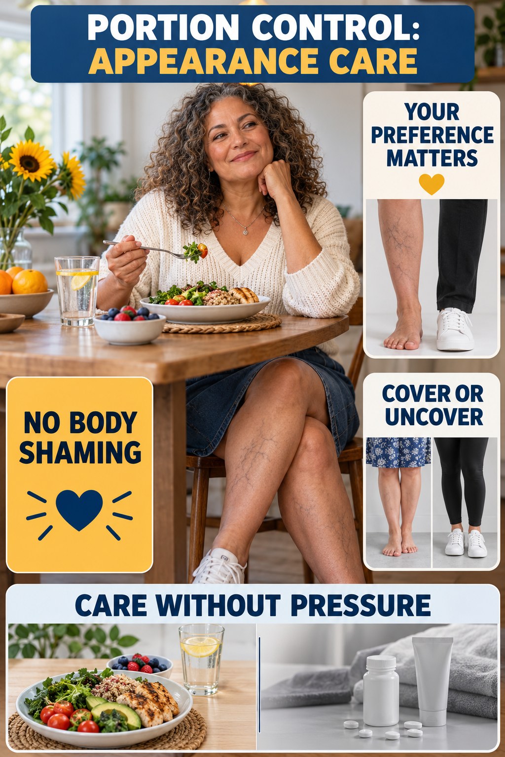 Visible Vein Confidence infographic for Portion Control, showing body-neutral visible-leg-vein appearance care and the boundary between temporary cosmetic support and treatment.