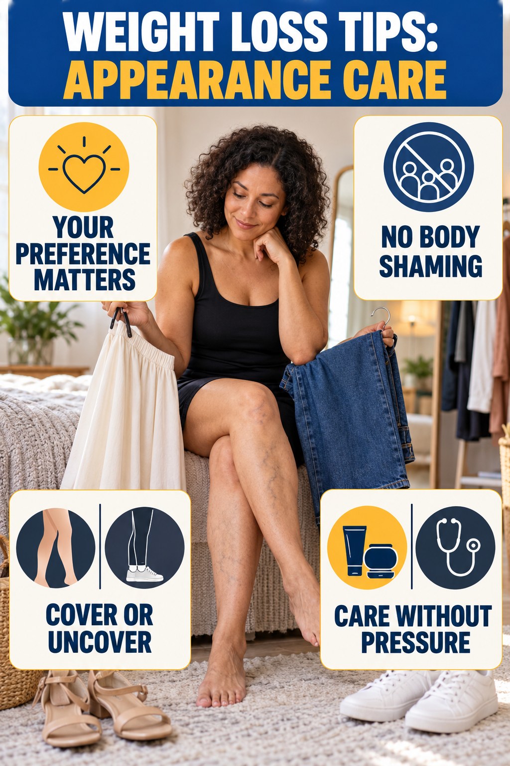 Visible Vein Confidence infographic for Weight Loss Tips, showing body-neutral visible-leg-vein appearance care and the boundary between temporary cosmetic support and treatment.