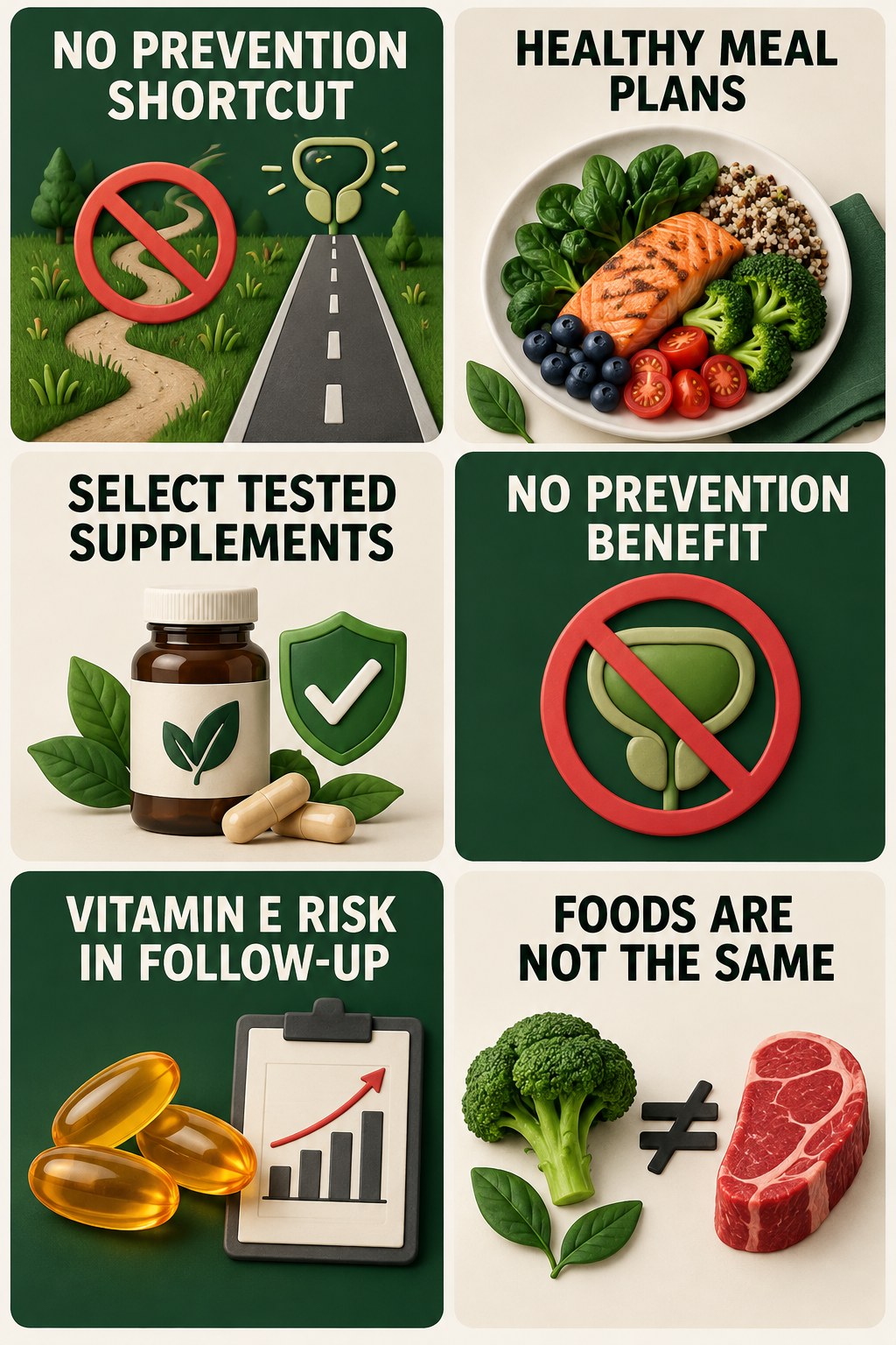 Vitamin E and Selenium Are Not Proven Prevention infographic for Healthy Meal Plans with four concise prostate-health awareness points.
