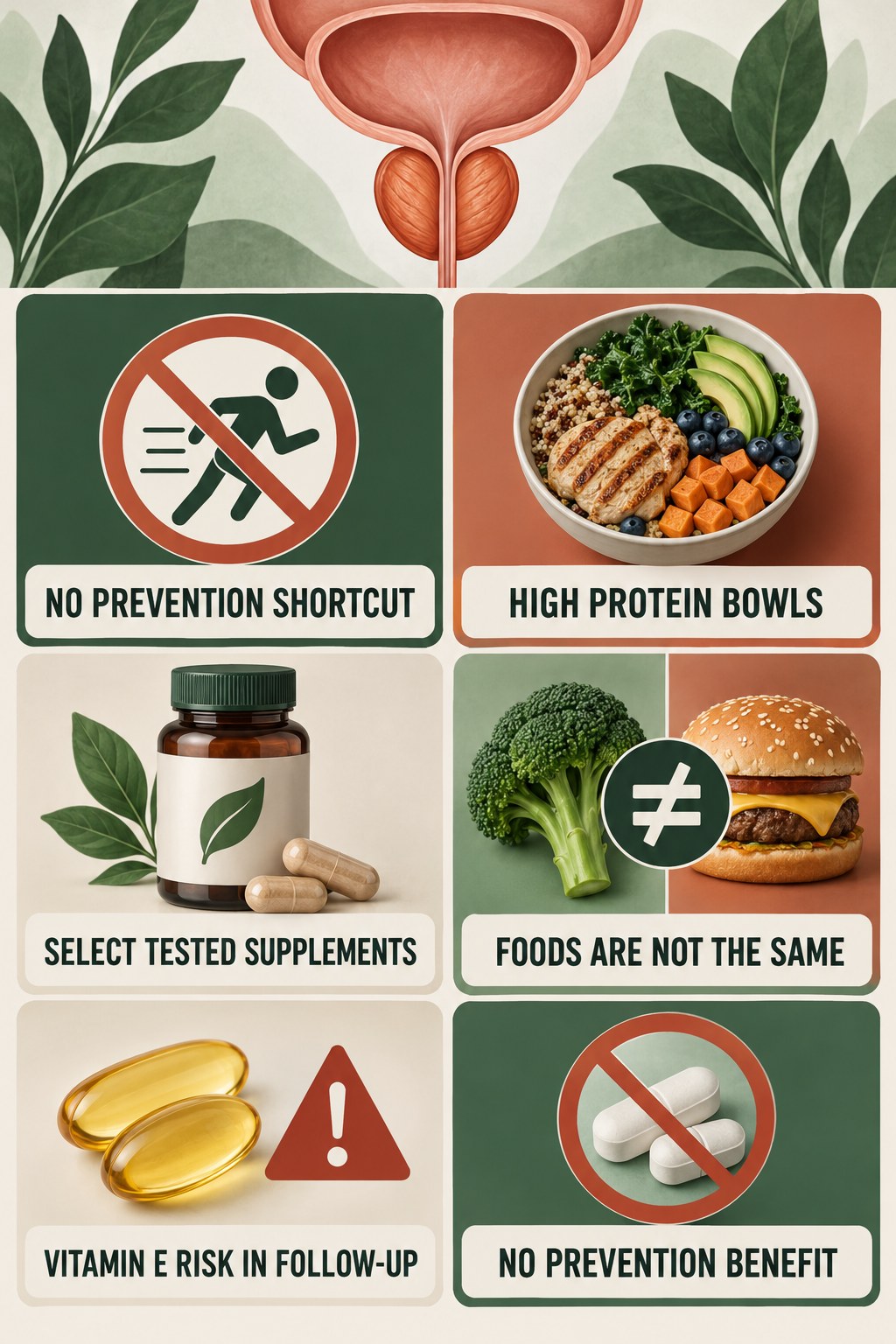 Vitamin E and Selenium Are Not Proven Prevention infographic for High Protein Bowls with four concise prostate-health awareness points.