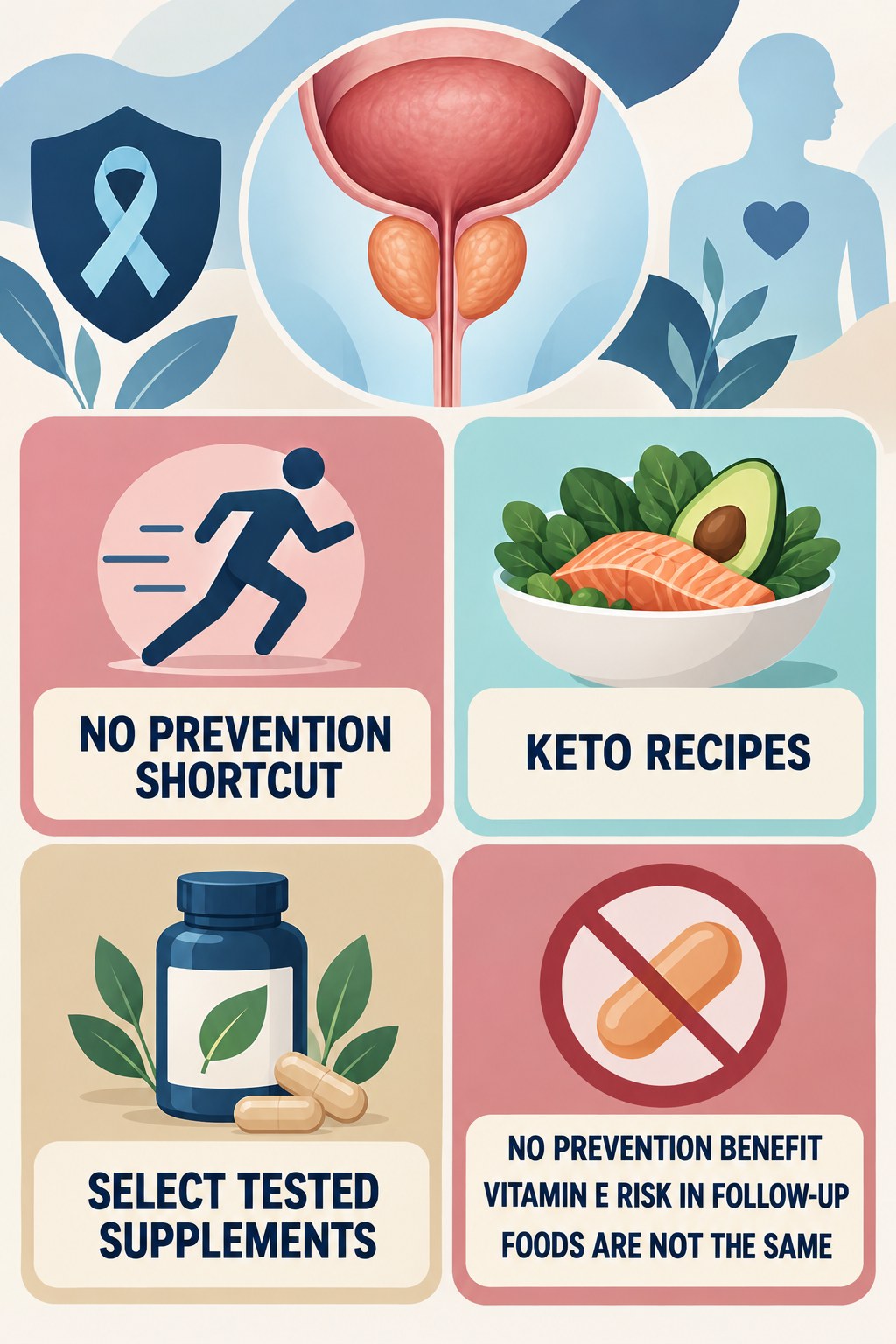 Vitamin E and Selenium Are Not Proven Prevention infographic for Keto Recipes with four concise prostate-health awareness points.