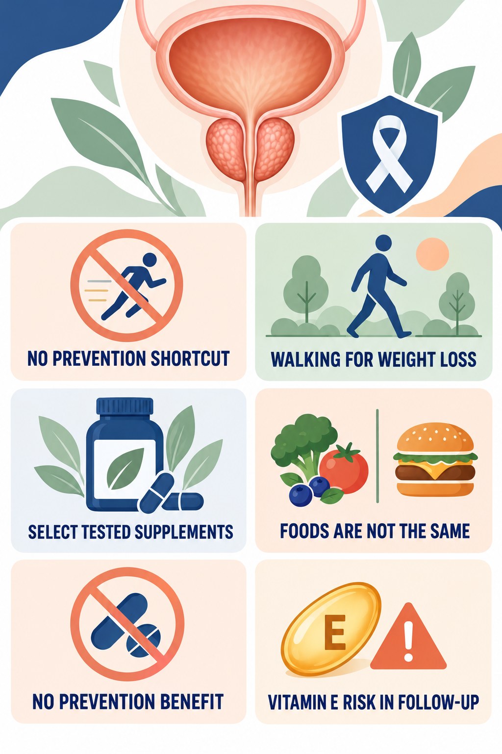 Vitamin E and Selenium Are Not Proven Prevention infographic for Walking for Weight Loss with four concise prostate-health awareness points.