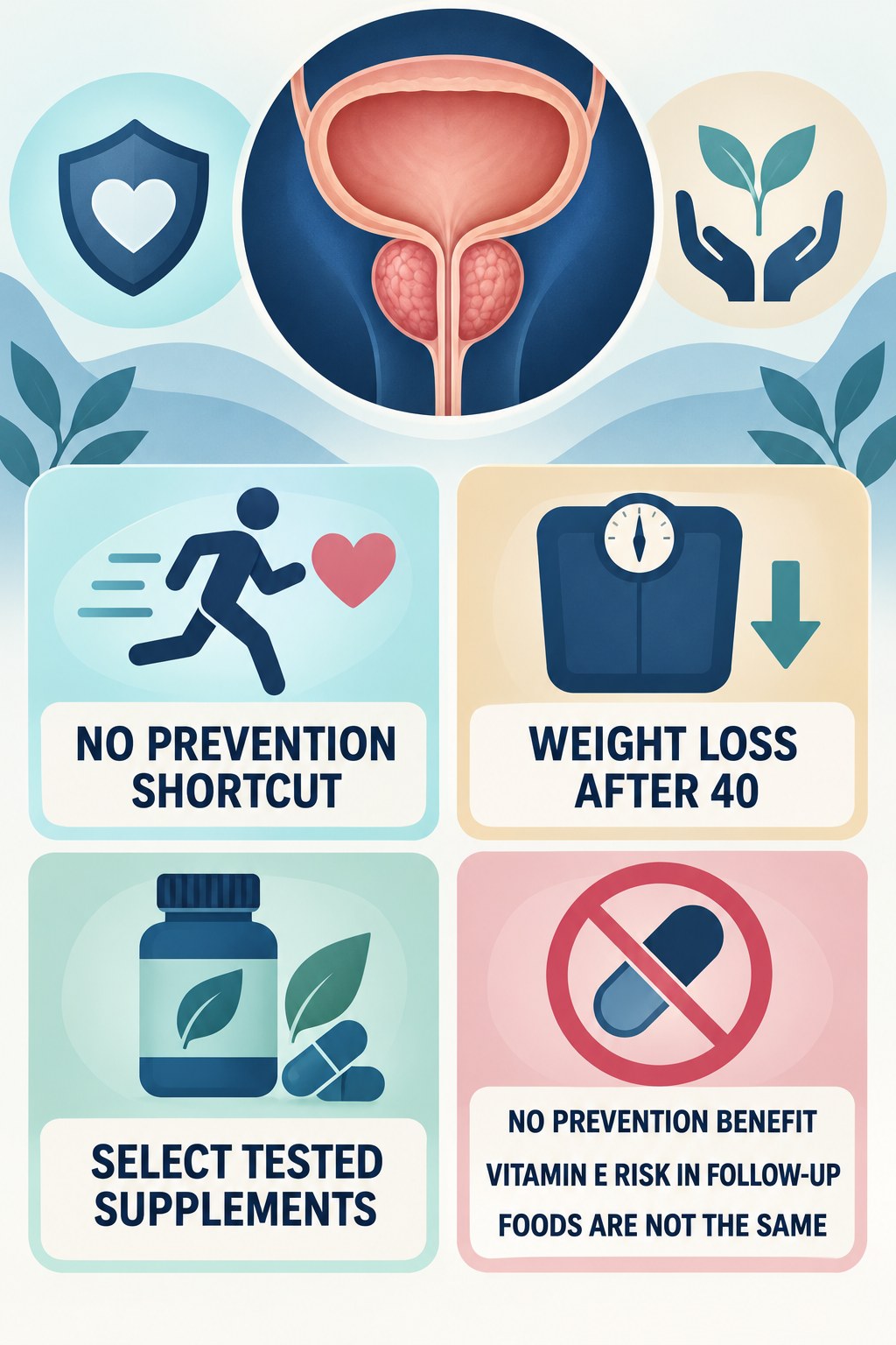 Vitamin E and Selenium Are Not Proven Prevention infographic for Weight Loss After 40 with four concise prostate-health awareness points.