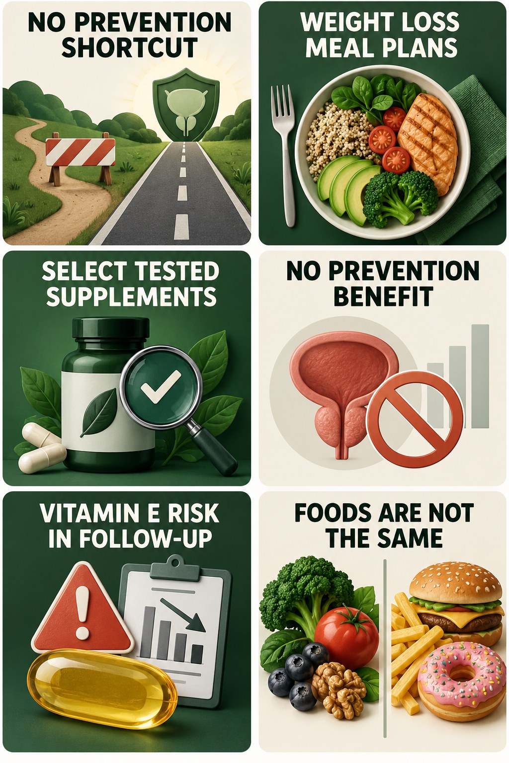 Vitamin E and Selenium Are Not Proven Prevention infographic for Weight Loss Meal Plans with four concise prostate-health awareness points.