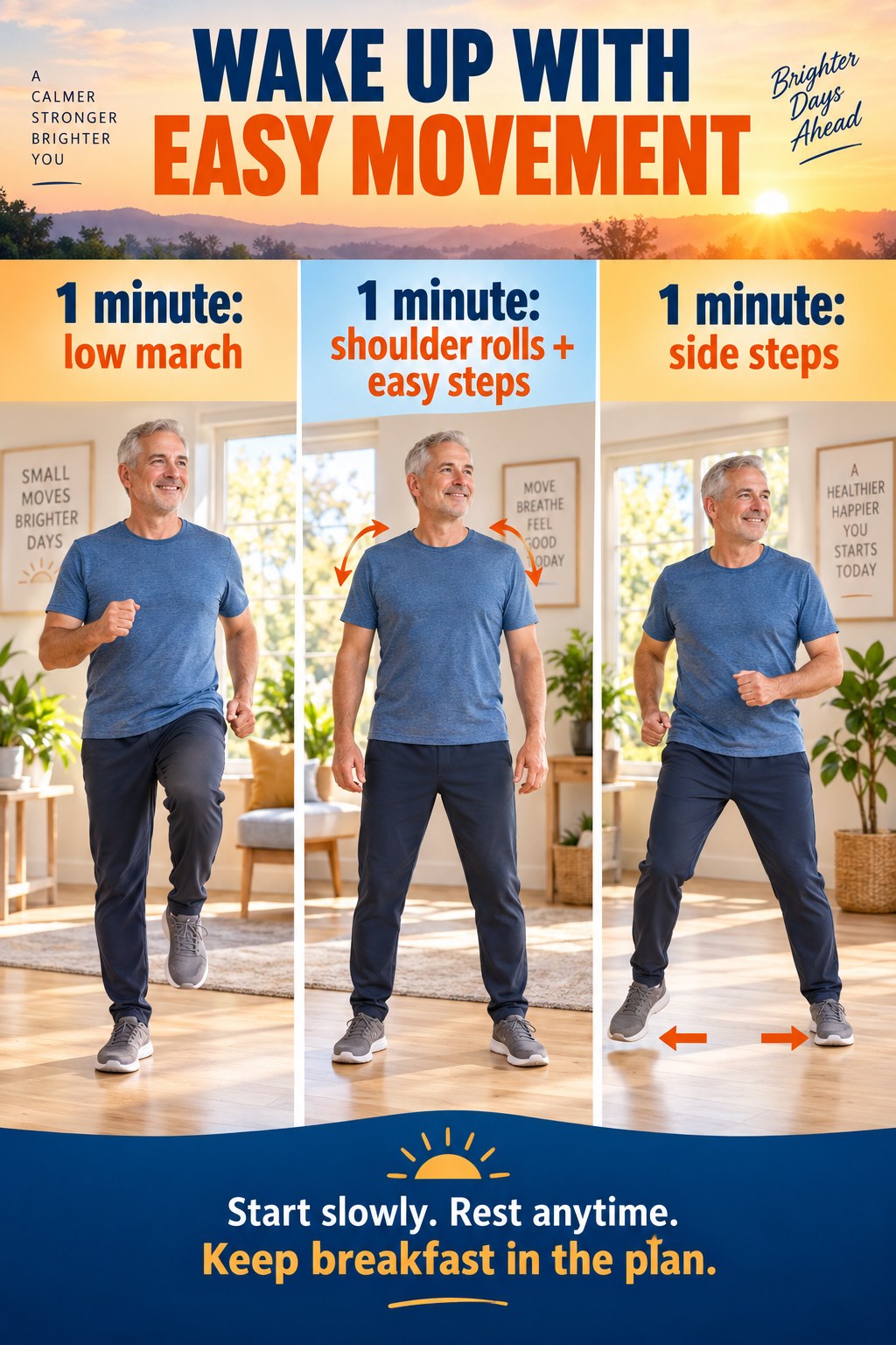 Three sunrise-colored columns show low marching, shoulder rolls with easy steps, and side steps for one minute each.
