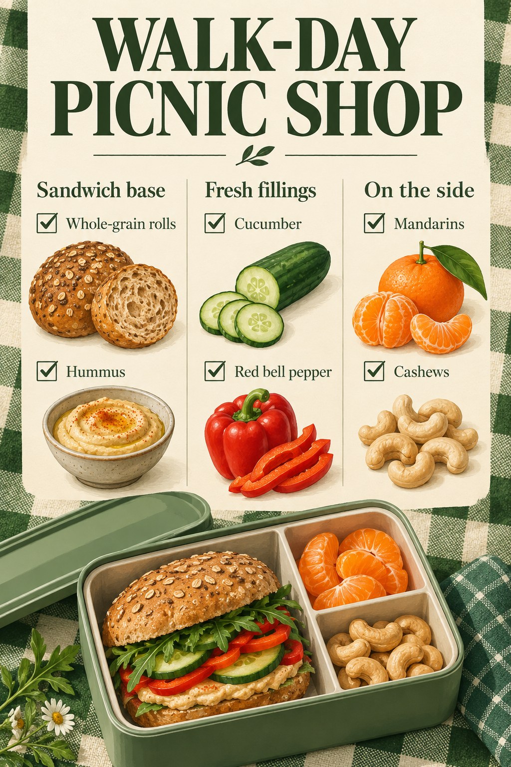 Green picnic checklist showing whole-grain rolls, hummus, cucumber, red bell pepper, mandarins and cashews.