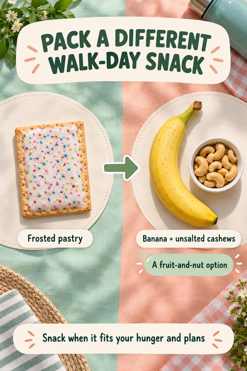 A frosted pastry compared with a banana and unsalted cashews on mint and peach picnic mats.