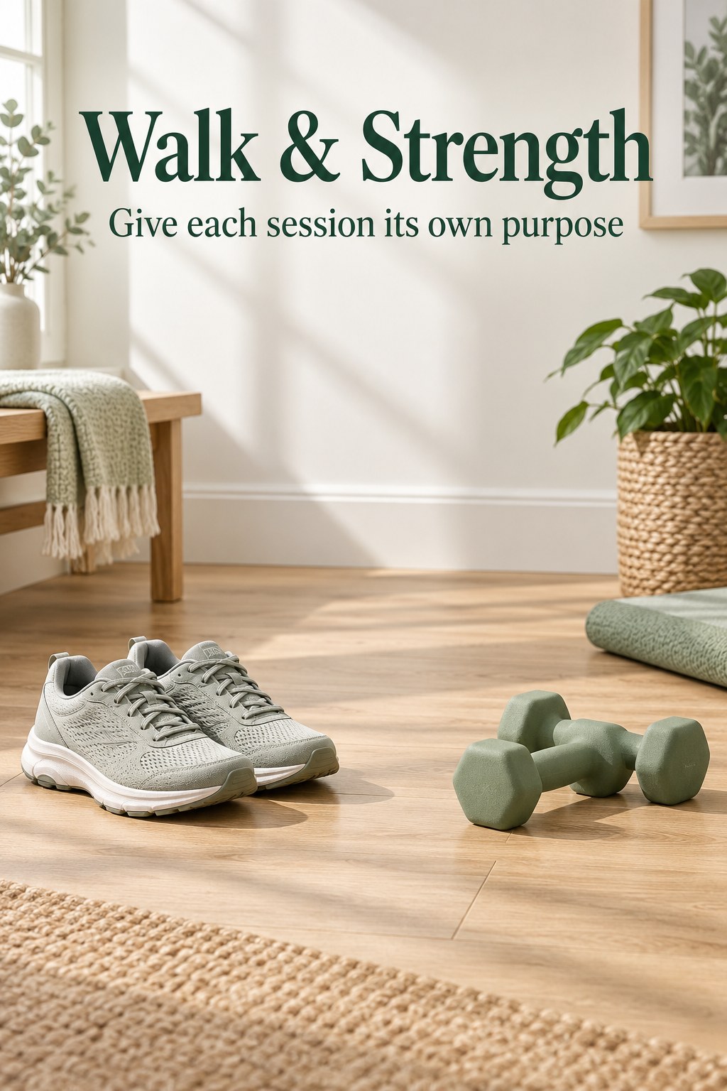 Walking shoes beside a pair of small dumbbells on a light wooden floor
