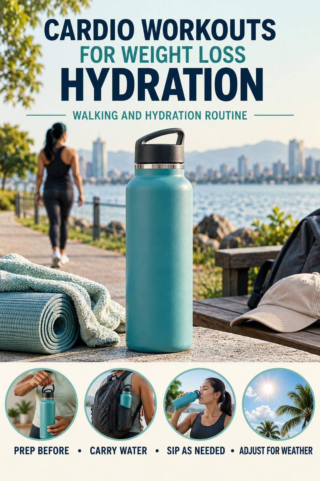 Cardio Workouts for Weight Loss hydration graphic titled Walking and Hydration Routine with four flexible water-habit prompts and no fixed intake target.