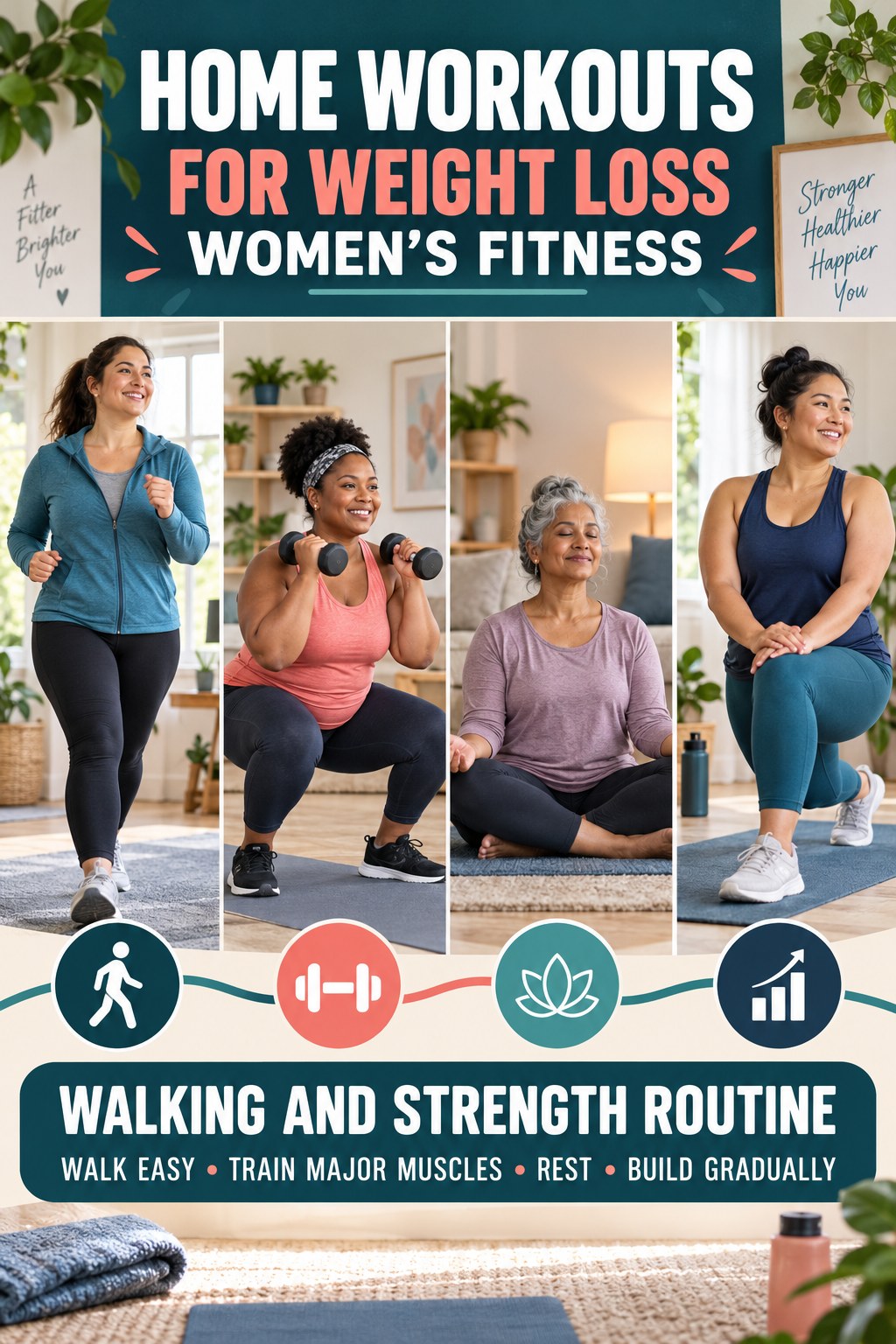 Home Workouts for Weight Loss women’s fitness graphic titled Walking and Strength Routine with four practical training prompts.