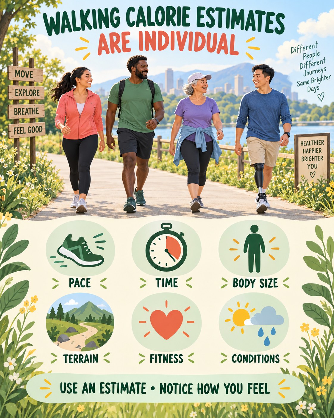 Walking infographic showing pace, time, body size, terrain, fitness and conditions as calorie-estimate factors