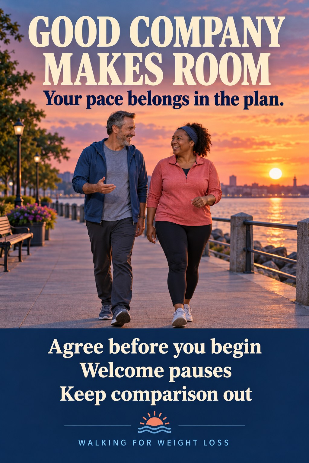 Two adults walking side by side on a level path beneath a message about company that respects individual pace