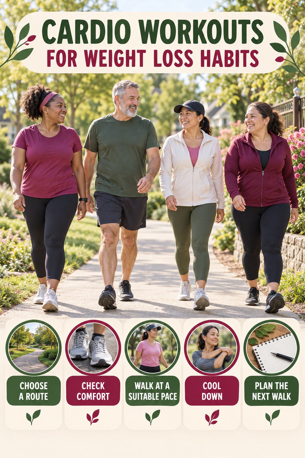 Walking Consistency Habits for Cardio Workouts for Weight Loss with five readable habit cues and a realistic board-relevant wellness scene.