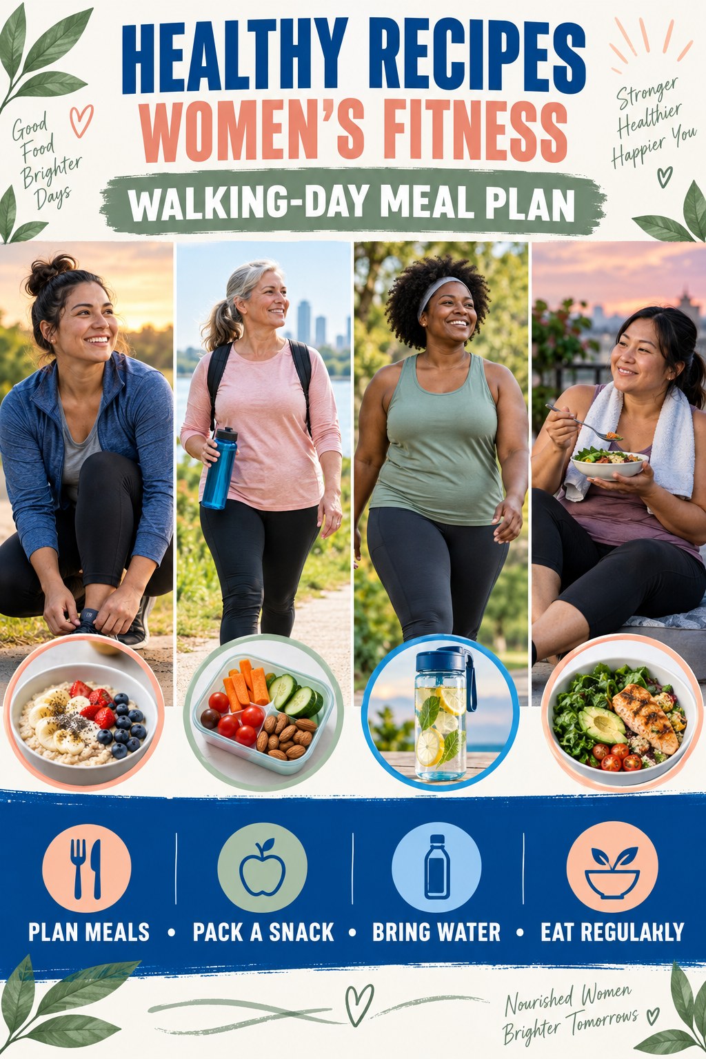 Healthy Recipes women’s fitness graphic titled Walking-Day Meal Plan with four practical training prompts.