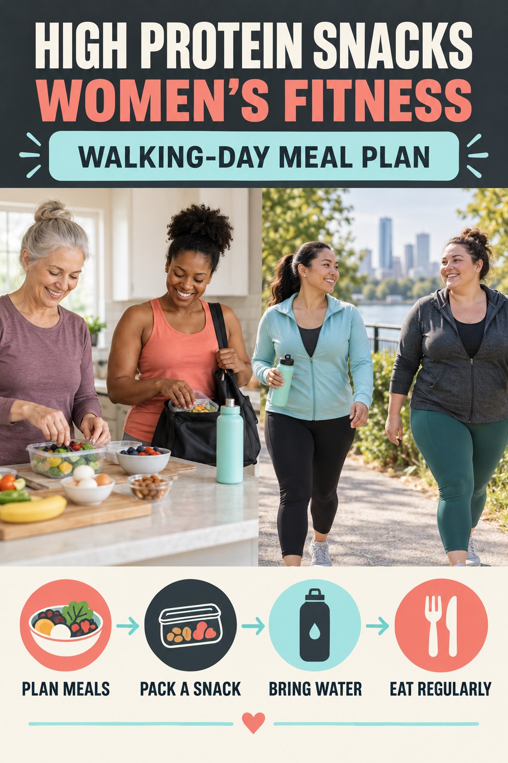 High Protein Snacks women’s fitness graphic titled Walking-Day Meal Plan with four practical training prompts.