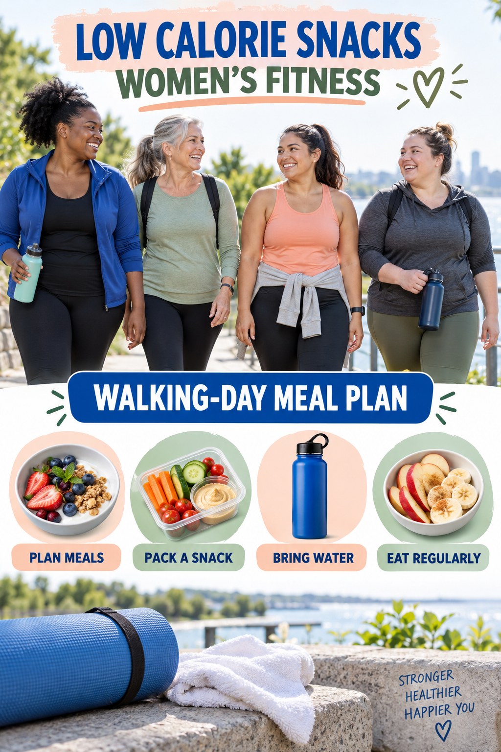 Low Calorie Snacks women’s fitness graphic titled Walking-Day Meal Plan with four practical training prompts.