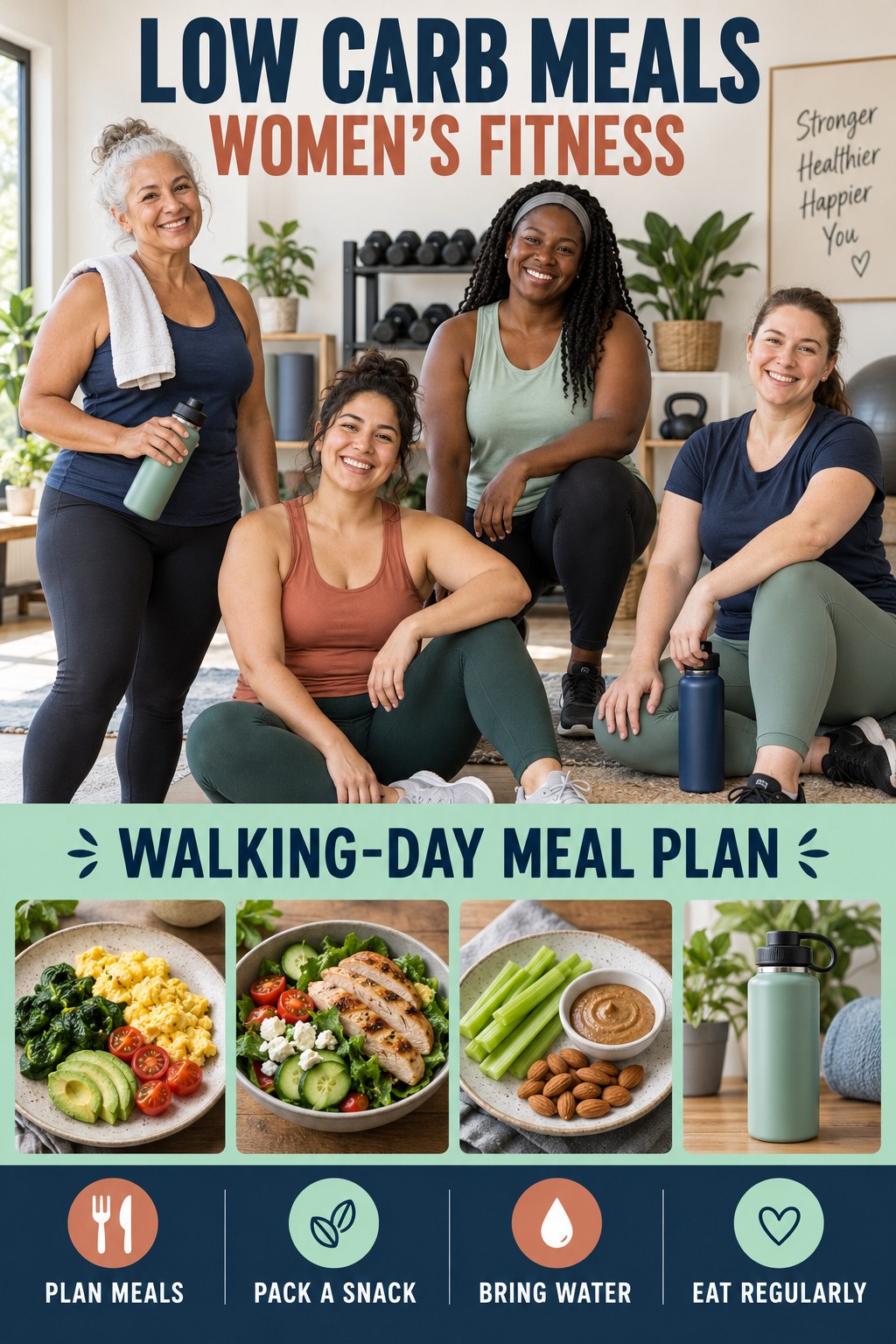 Low Carb Meals women’s fitness graphic titled Walking-Day Meal Plan with four practical training prompts.