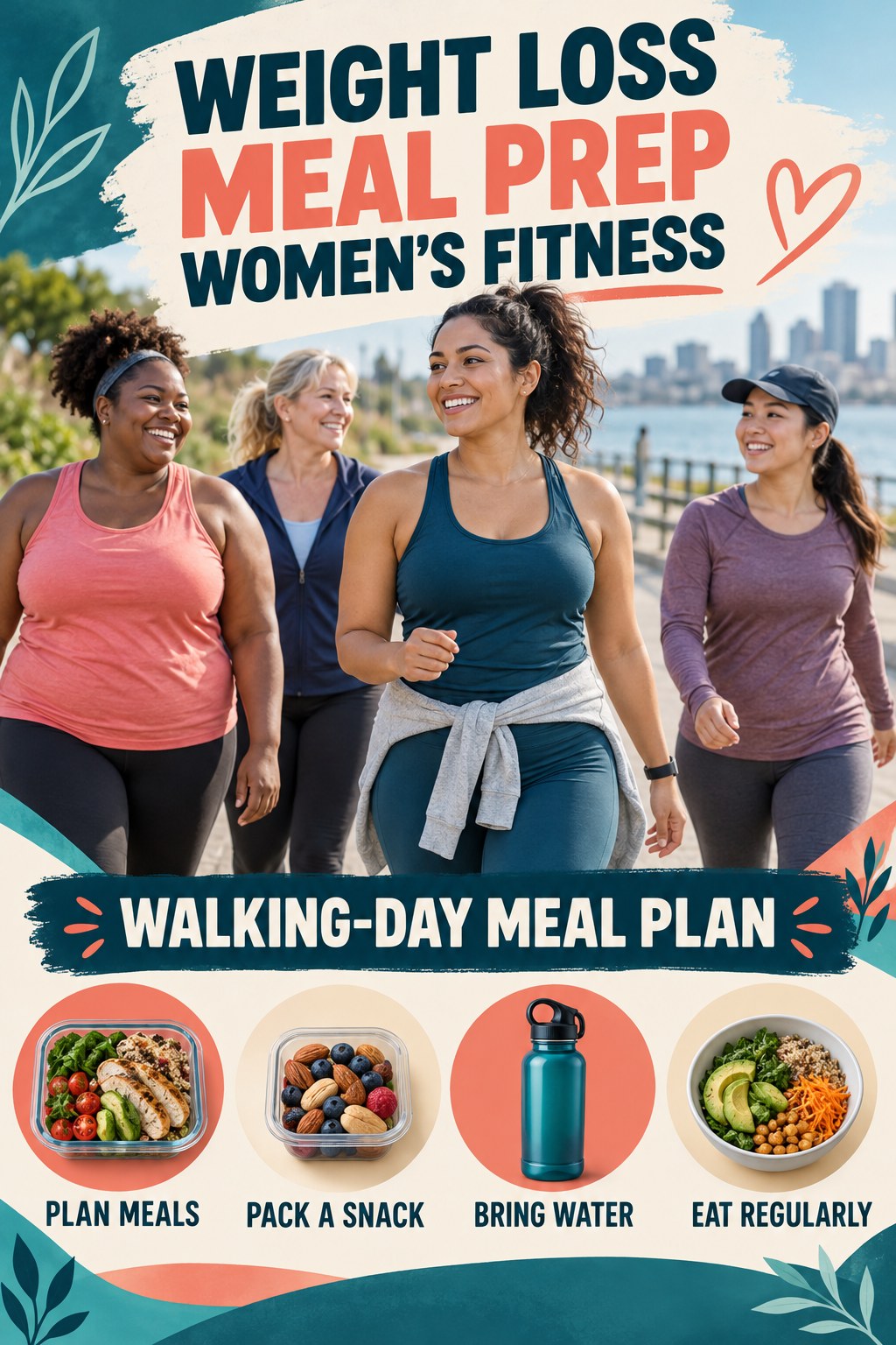 Weight Loss Meal Prep women’s fitness graphic titled Walking-Day Meal Plan with four practical training prompts.