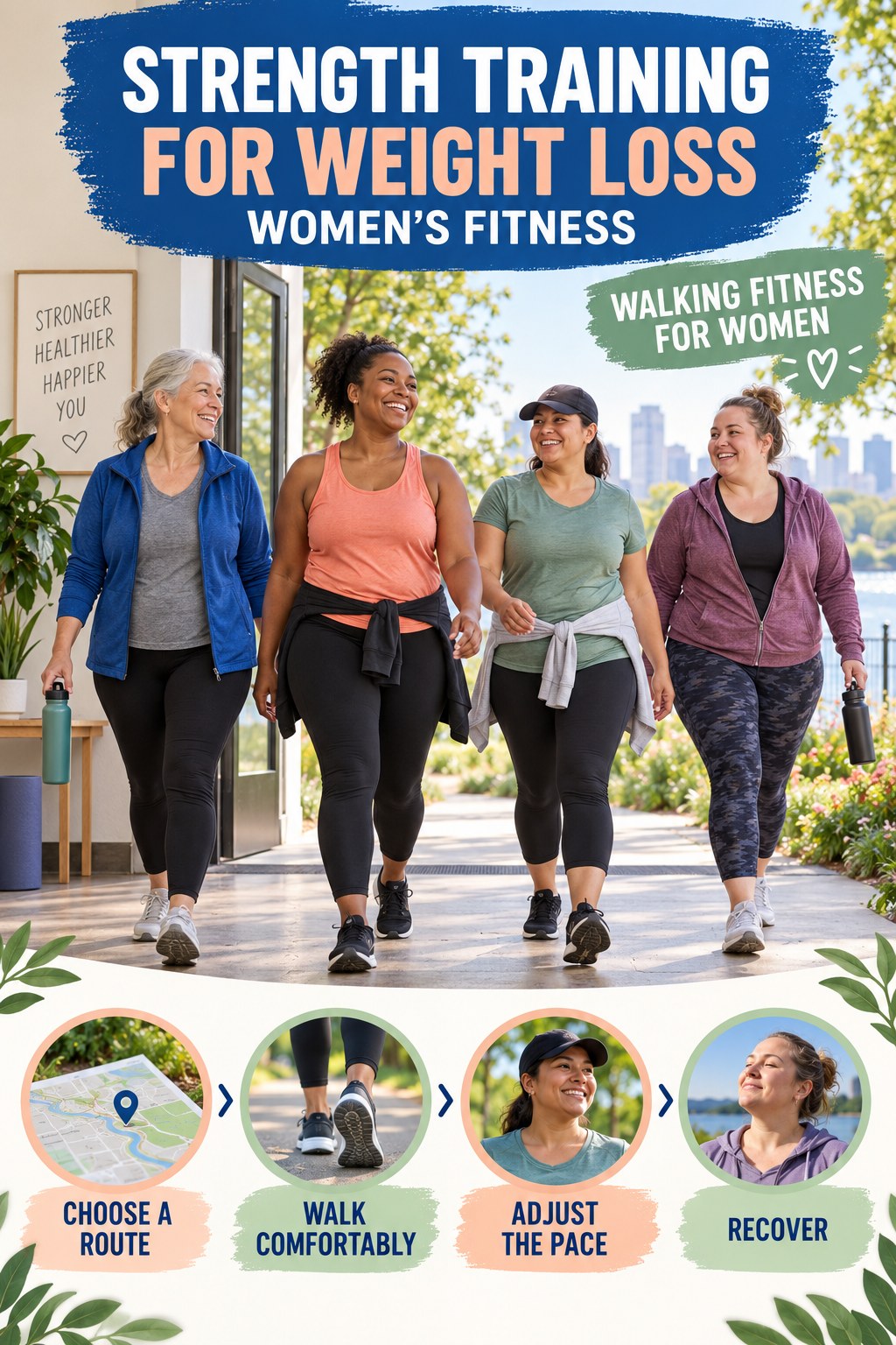 Strength Training for Weight Loss women’s fitness graphic titled Walking Fitness for Women with four practical training prompts.