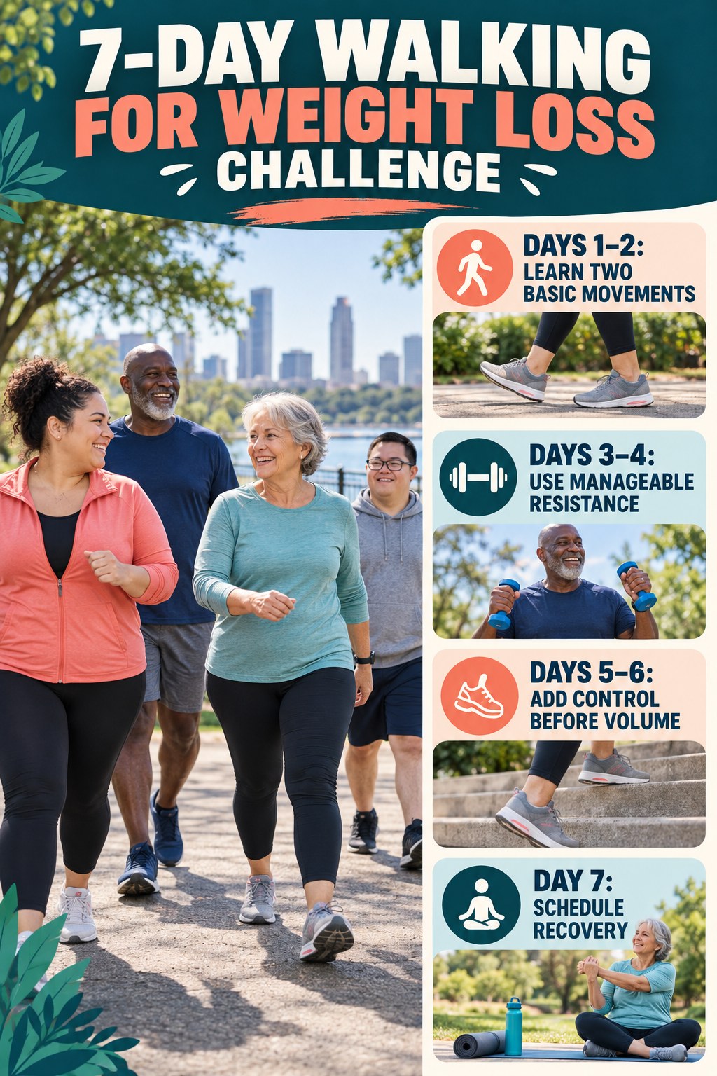 7-day Walking for Weight Loss challenge graphic showing four manageable milestones for consistent practice.