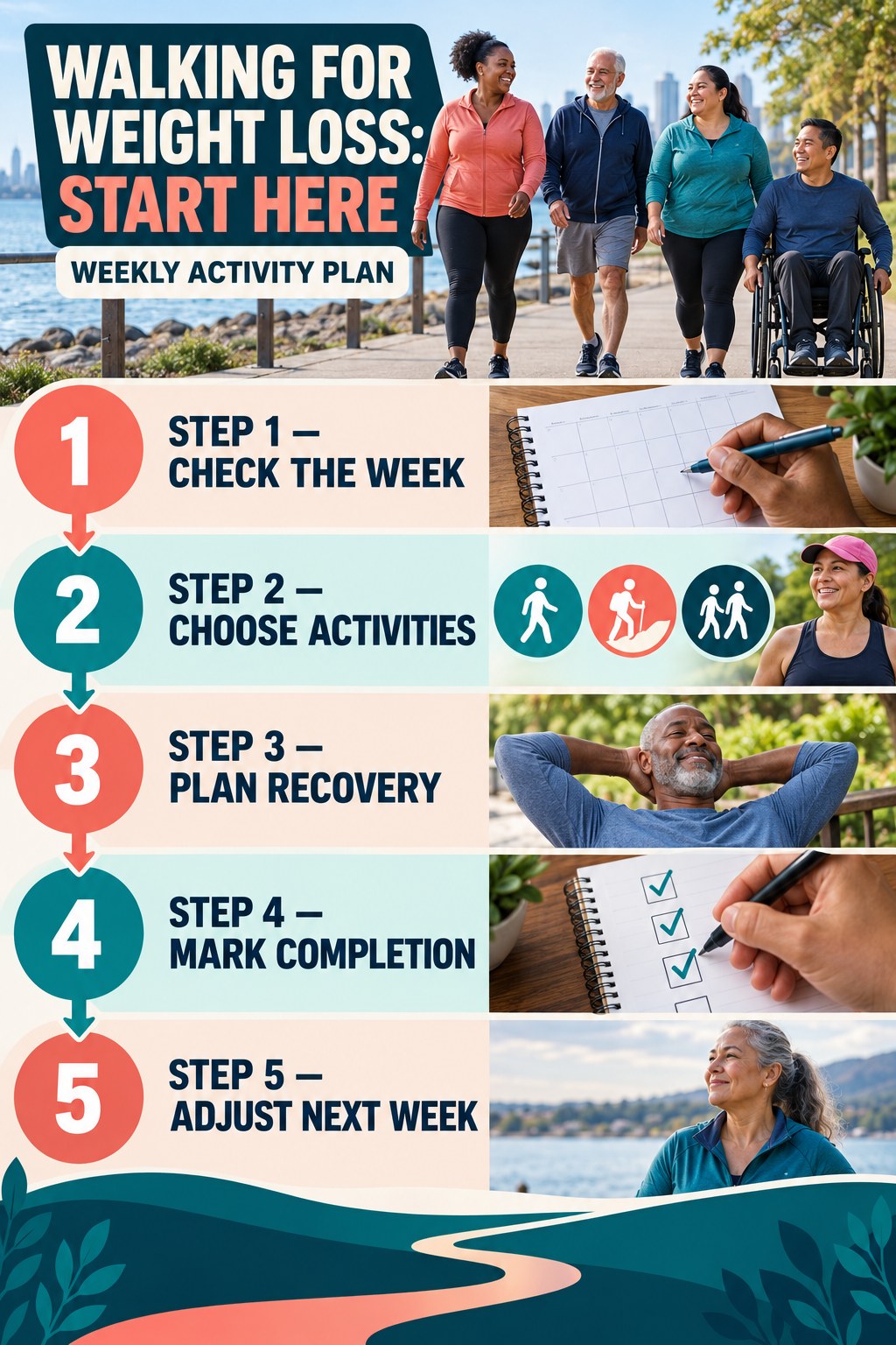 Walking for Weight Loss beginner guide graphic showing five manageable stages for weekly activity plan.