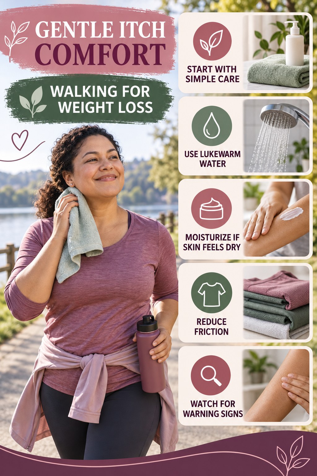 Beginner Skin Comfort Checklist infographic for Walking for Weight Loss with five gentle itchy-skin comfort strategies and a non-diagnostic safety focus.